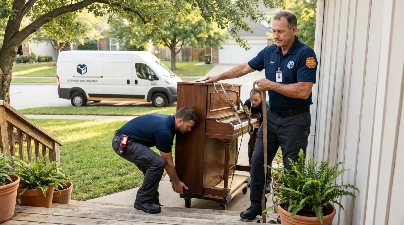 Licensed piano movers securing grand piano in Goodland, IN