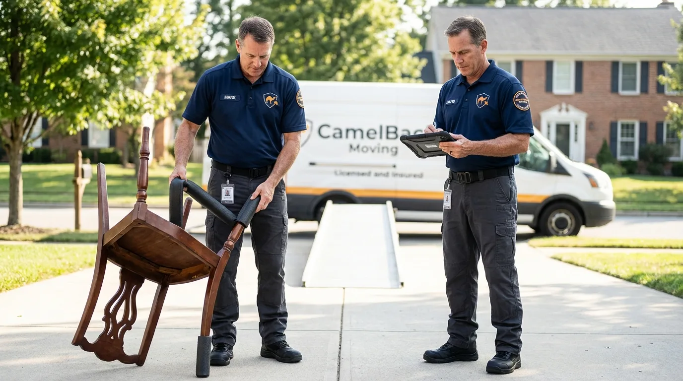 Movers inspecting furniture for damage prevention before loading in Goodland, IN