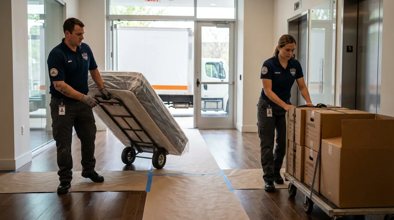 Professional apartment movers loading elevator in Goodland, IN